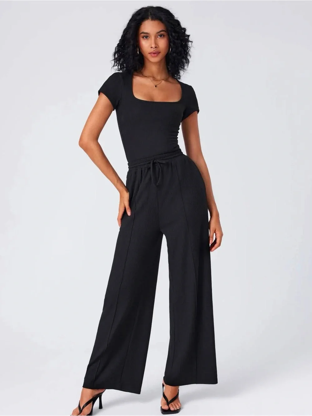 Cider U-NECKLINE BODYSUIT & ELASTIC WAIST WIDE LEG PANTS SET large nwt